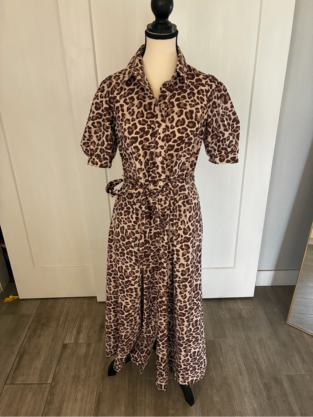 Biden maxi leopard Print Button-Front Shirt Dress with Tie Waist - Brown/Cream